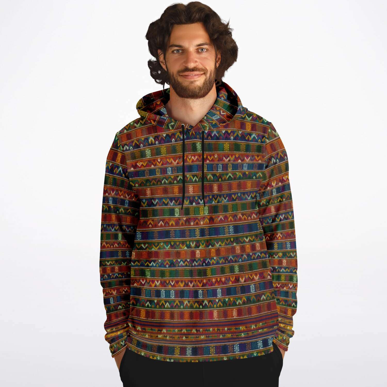 Fashion Hoodie - AOP Traditional Woven Kira Tribe Hoodie | Bhutan Himalayan Folk Style | Vintage Style Pullover Hoodie