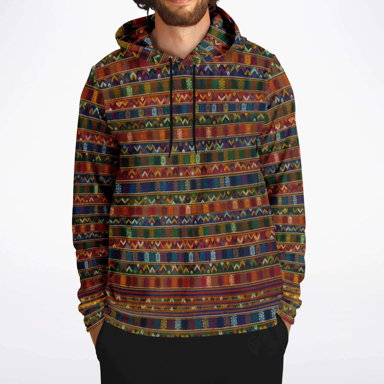 Traditional Woven Kira Tribe Hoodie | Bhutan Himalayan Folk Style | Vintage Style Pullover Hoodie