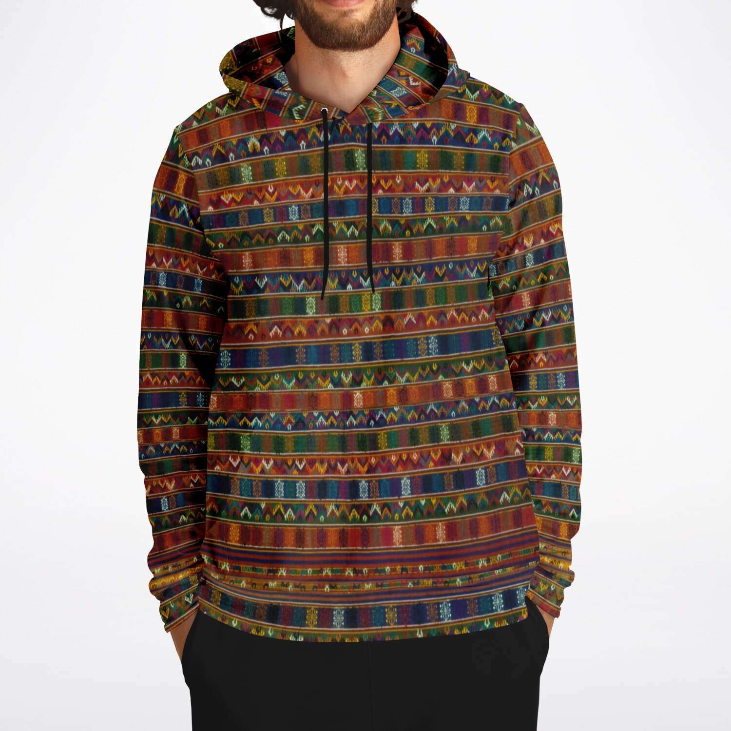 Fashion Hoodie - AOP Traditional Woven Kira Tribe Hoodie | Bhutan Himalayan Folk Style | Vintage Style Pullover Hoodie