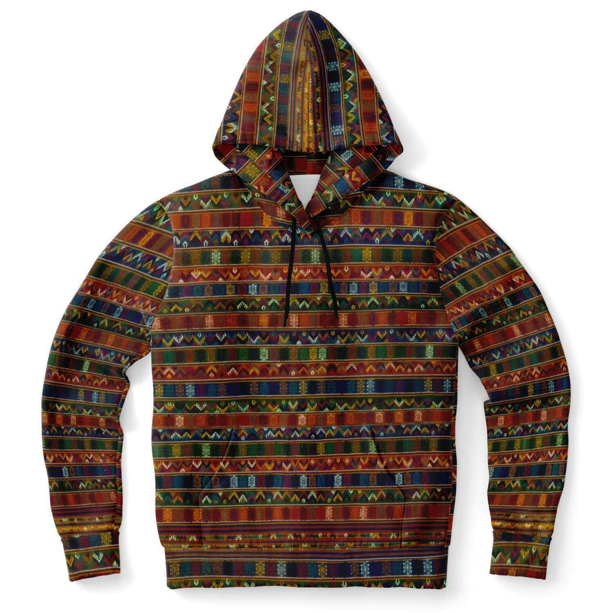 Fashion Hoodie - AOP XS Traditional Woven Kira Tribe Hoodie | Bhutan Himalayan Folk Style | Vintage Style Pullover Hoodie