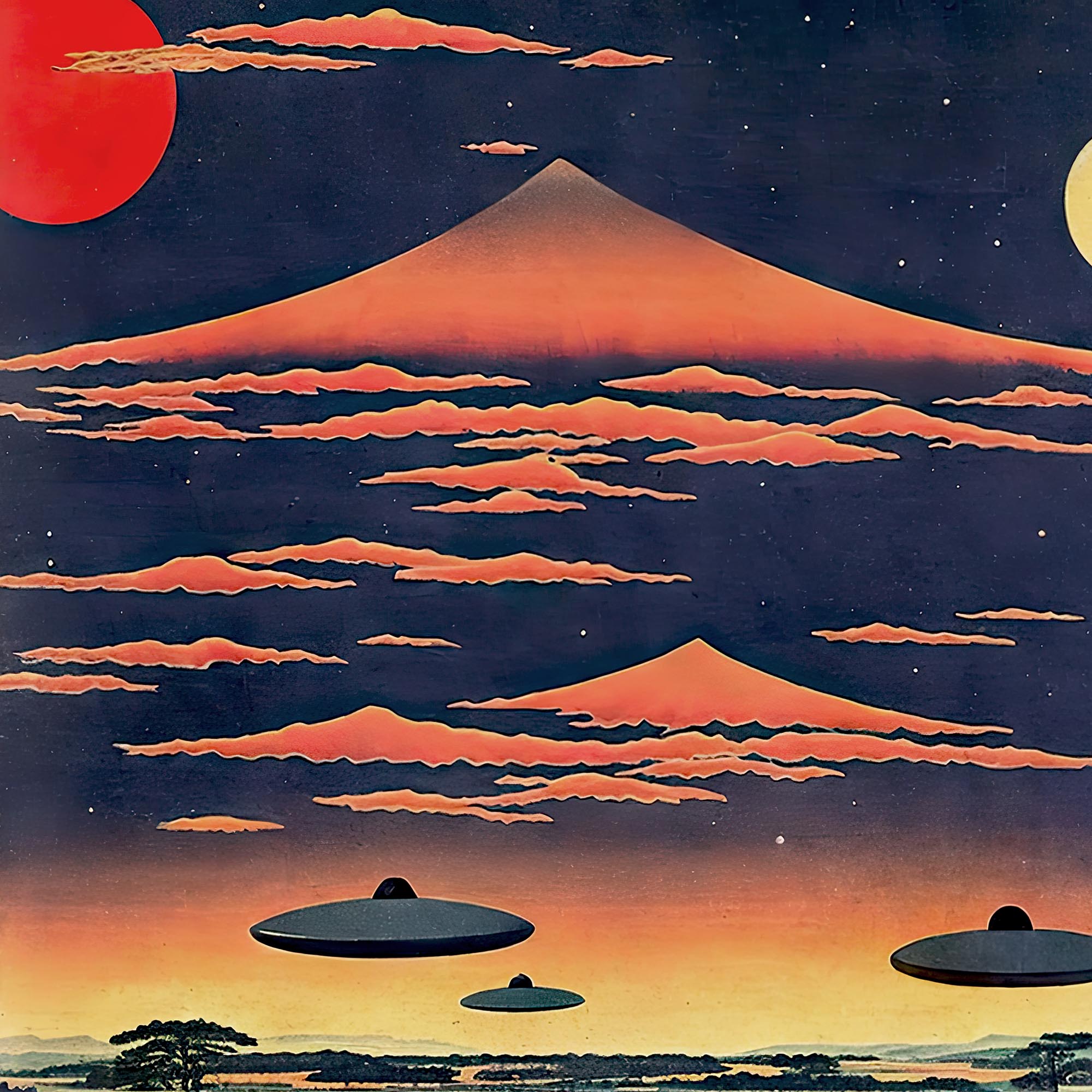 T-Shirts Ukiyo-e Alien Invasion | Japanese Fantasy UFOs | "Skies Over Kyoto" Original Vintage Graphic Art T-Shirt