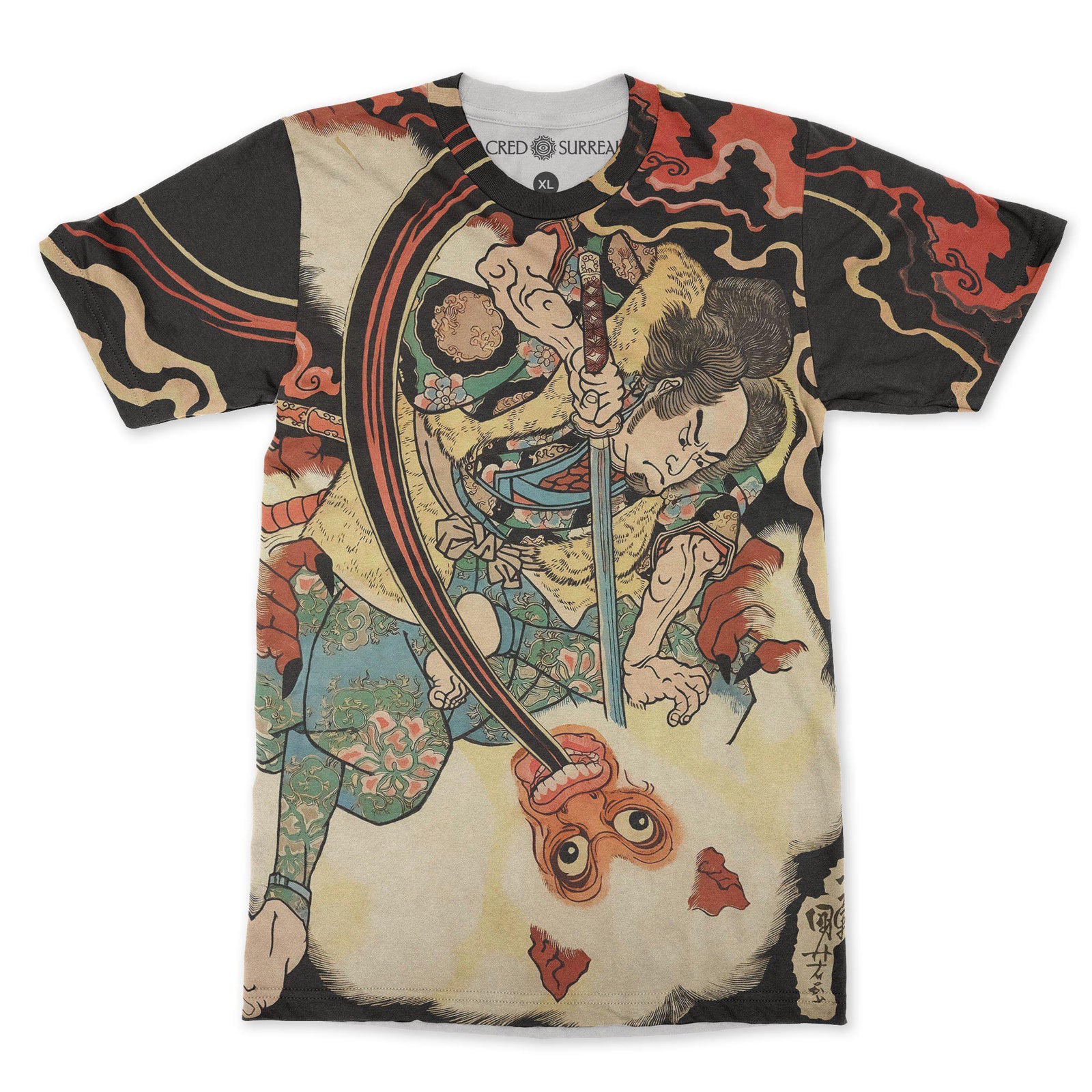 AOP T-Shirt XS Usui Matagorô Kills a Giant Ape in the Hida Mountains Ukyo-e Samurai Vintage Ronin Japanese Fine Art T-Shirt