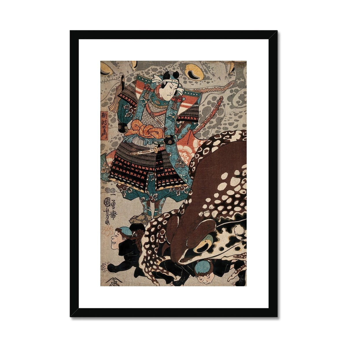 Utagawa Kuniyoshi: A Samurai Looks on Giant Frog Japanese Ukiyo-e Samurai Ronin Frog Toad Decor Antique Asian Framed Art Print