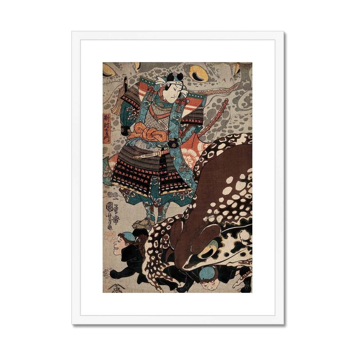 Utagawa Kuniyoshi: A Samurai Looks on Giant Frog Japanese Ukiyo-e Samurai Ronin Frog Toad Decor Antique Asian Framed Art Print