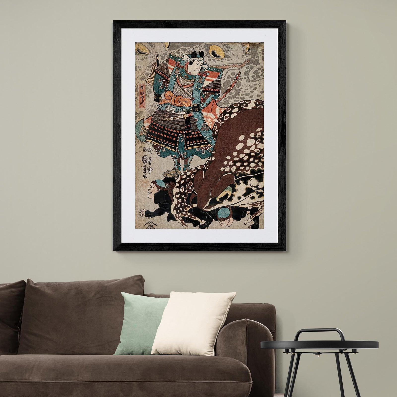 Utagawa Kuniyoshi: A Samurai Looks on Giant Frog Japanese Ukiyo-e Samurai Ronin Frog Toad Decor Antique Asian Framed Art Print