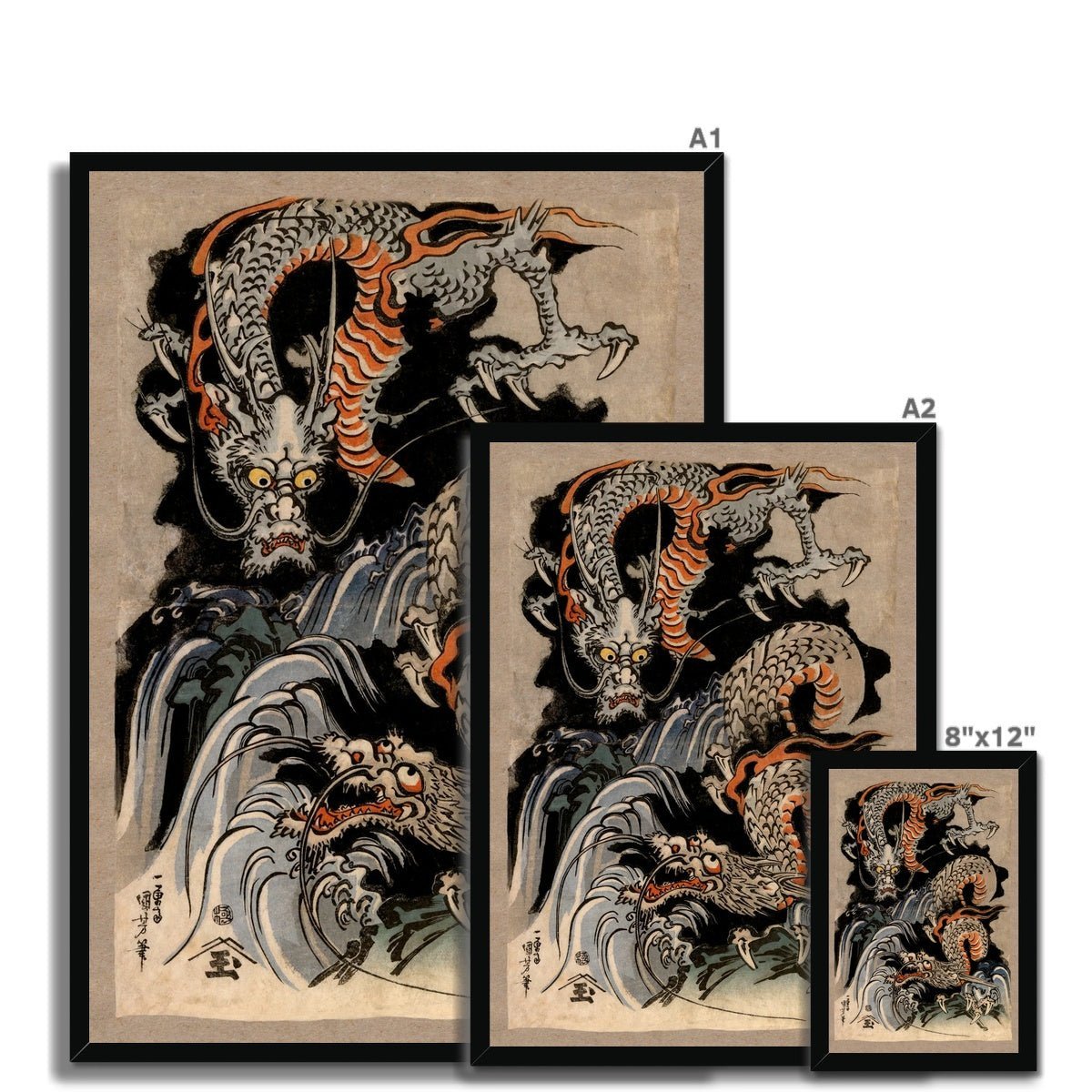 Framed Print 8"x12" / Black Frame Utagawa Kuniyoshi Asian Dragon: Japanese Mythology Ukiyo-e Antique Serpent Wood Block Yokai Dragon Decor Framed Art Print
