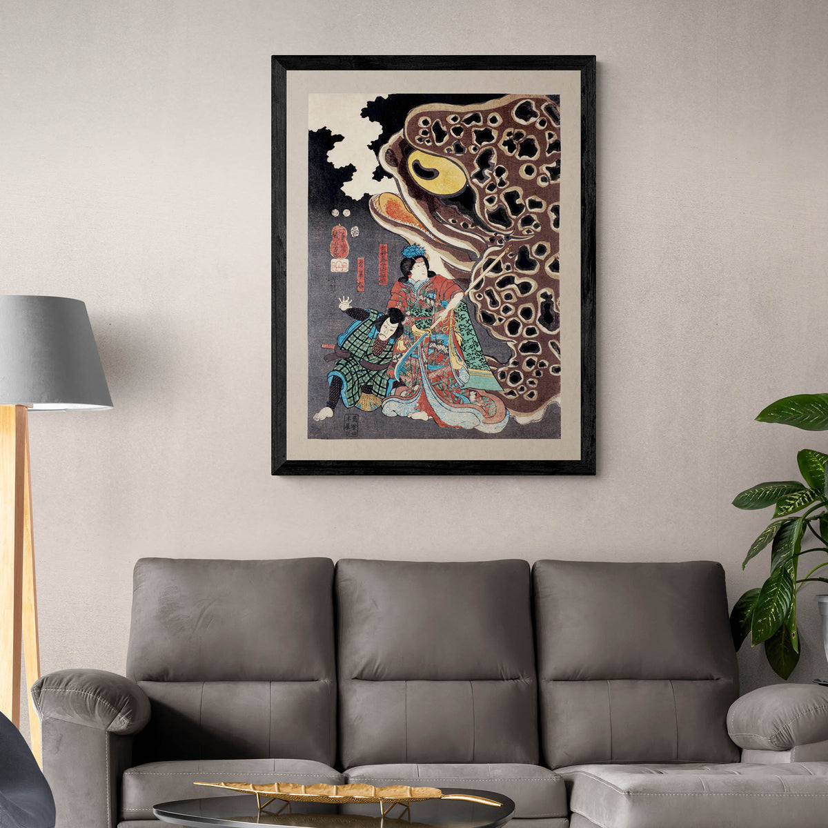 Utagawa Kuniyoshi: Jiraya fighting Orochimaru Japanese Ukiyo-e Samurai Ronin Frog Toad Decor Antique Asian Framed Art Print