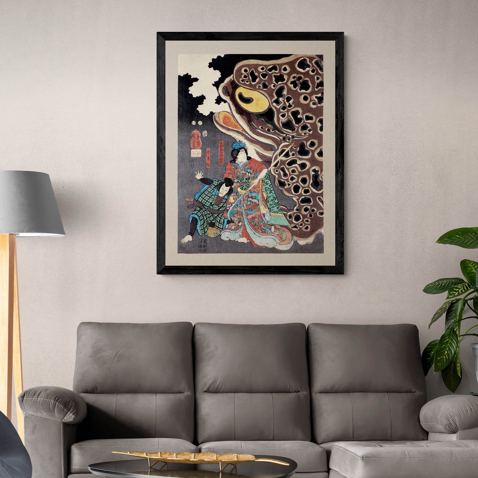 Utagawa Kuniyoshi: Jiraya fighting Orochimaru Japanese Ukiyo-e Samurai Ronin Frog Toad Decor Antique Asian Framed Art Print