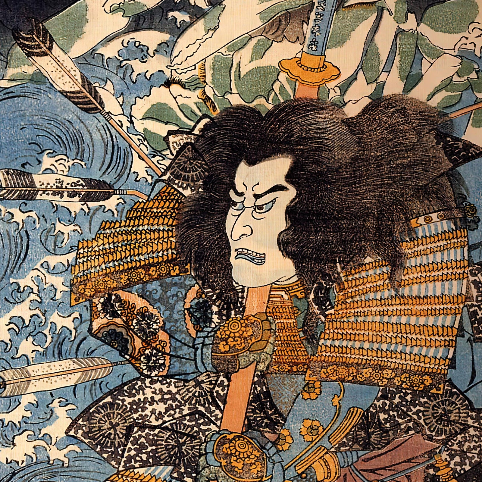 Utagawa Kuniyoshi: Samurai Warrior Riding the Waves Wookblock Edo Antique Japanese Shogun Framed Art Print
