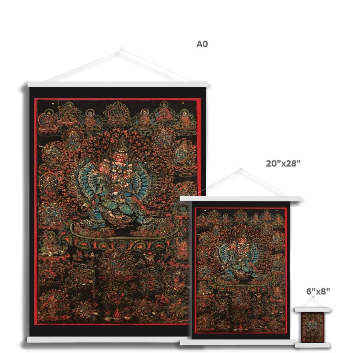 Hangar Thangka Vajrabhairava, 18th Century Tibetan Buddhist Antique Fine Art Print with Thangka-Style Hanger