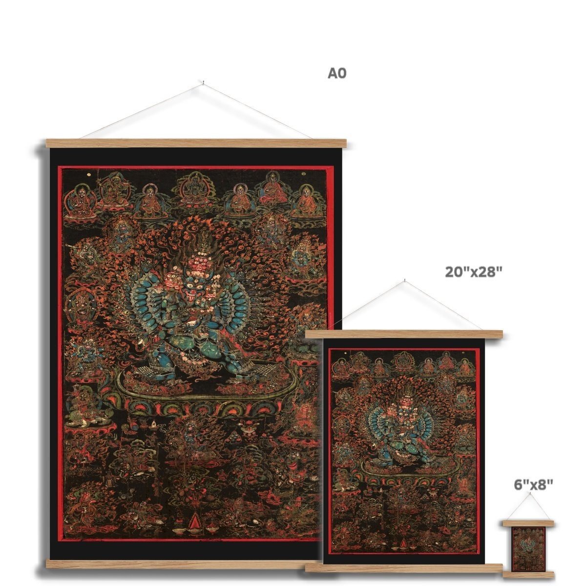 Hangar Thangka Vajrabhairava, 18th Century Tibetan Buddhist Antique Fine Art Print with Thangka-Style Hanger