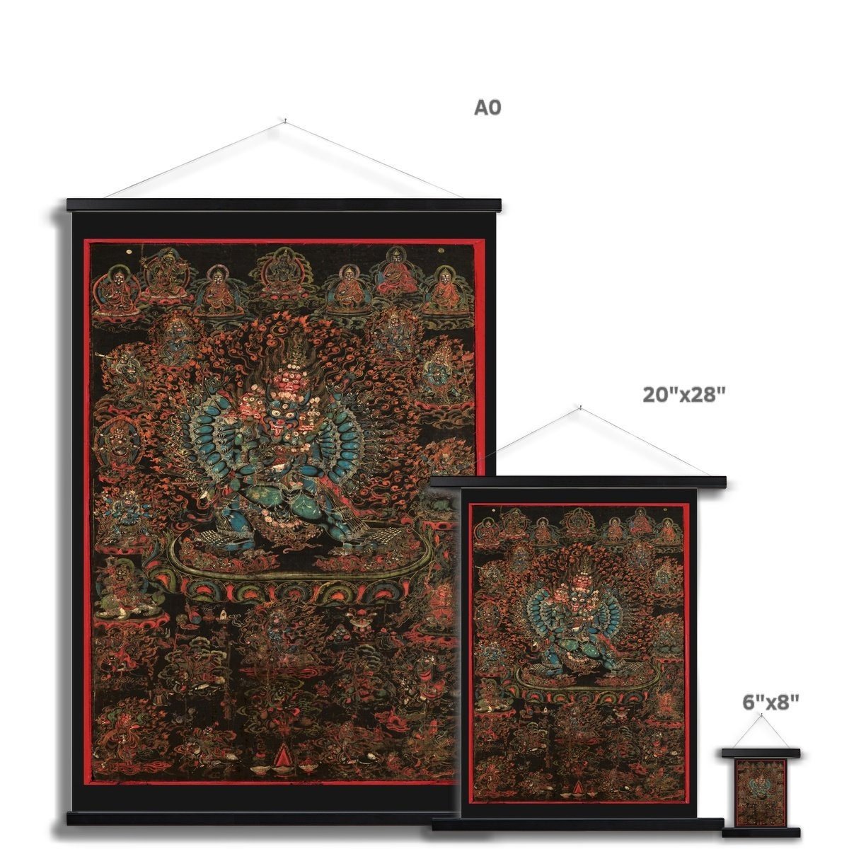 Hangar Thangka Vajrabhairava, 18th Century Tibetan Buddhist Antique Fine Art Print with Thangka-Style Hanger