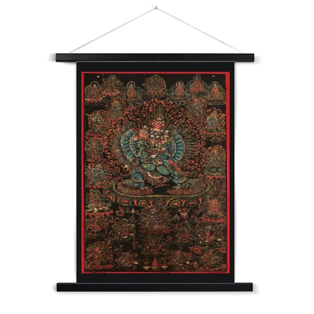 Hangar Thangka Vajrabhairava, 18th Century Tibetan Buddhist Antique Fine Art Print with Thangka-Style Hanger