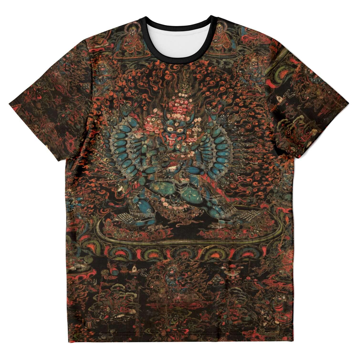 AOP T-Shirt XS Vajrabhairava Tibetan Tantric Thangka Vintage Antique Buddhist Meditation Art Asian Vajrayana Vintage Art T-Shirt All-Over-Print Tee