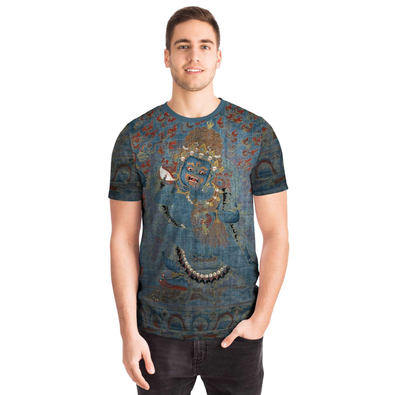 AOP T-Shirt Vajrapani and Consort, Tibet, 15th-16th Century Antique Sacred Thangka Art Graphic Tee T-Shirt