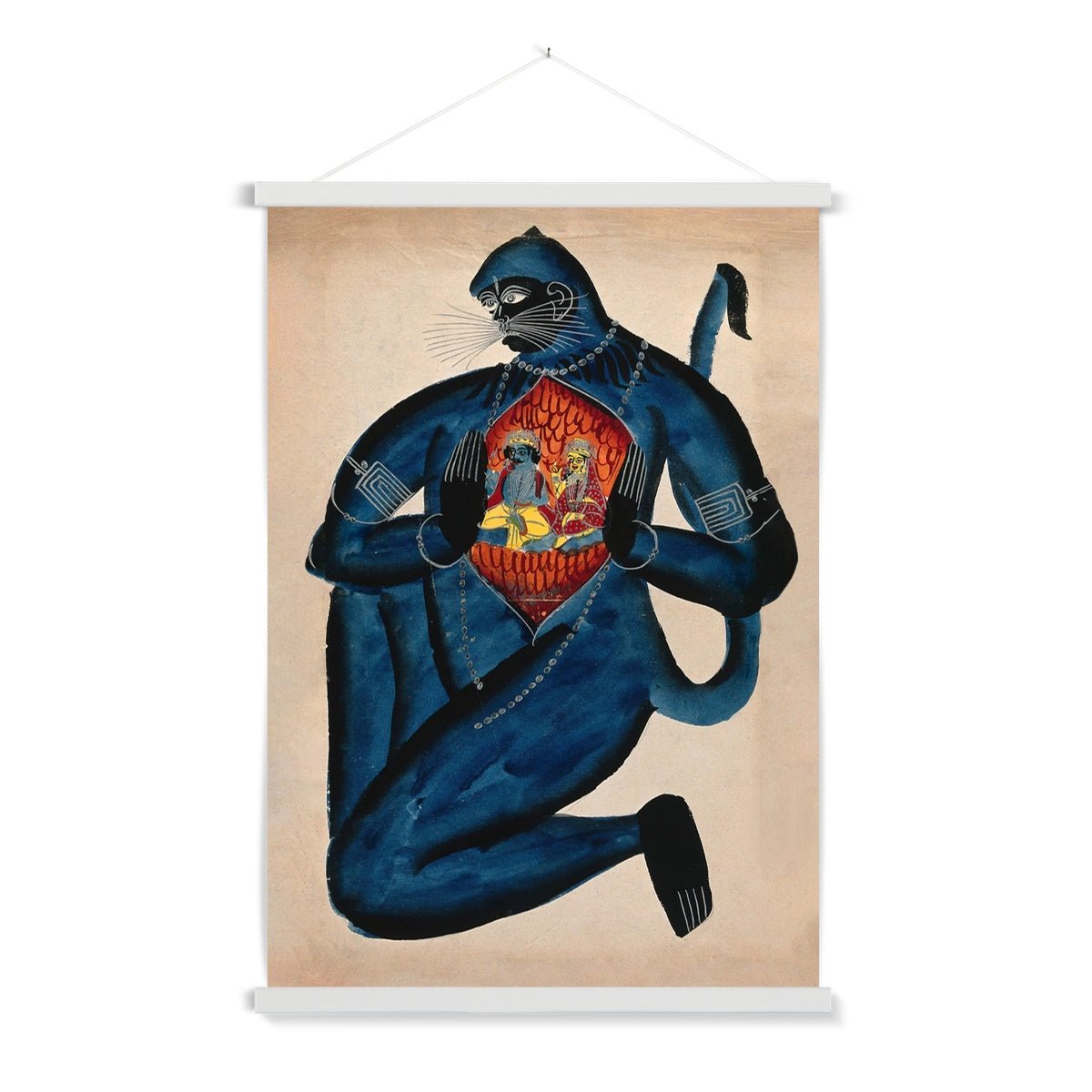 Fine art A4 Portrait / Black Frame Vintage Hanuman Revealing Rama (Vishnu) and Sita in His Heart Vedic Hindu Folk Art Antique Giclée Fine Art Print with Hanger