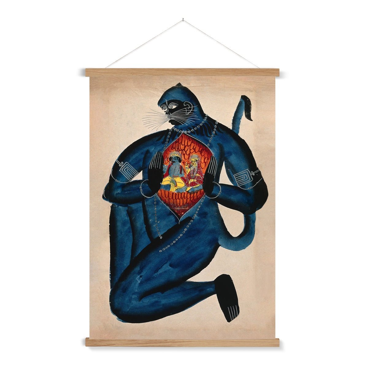 Vintage Hanuman Revealing Rama (Vishnu) and Sita in His Heart Vedic Hindu Folk Art Antique Giclée Fine Art Print with Hanger