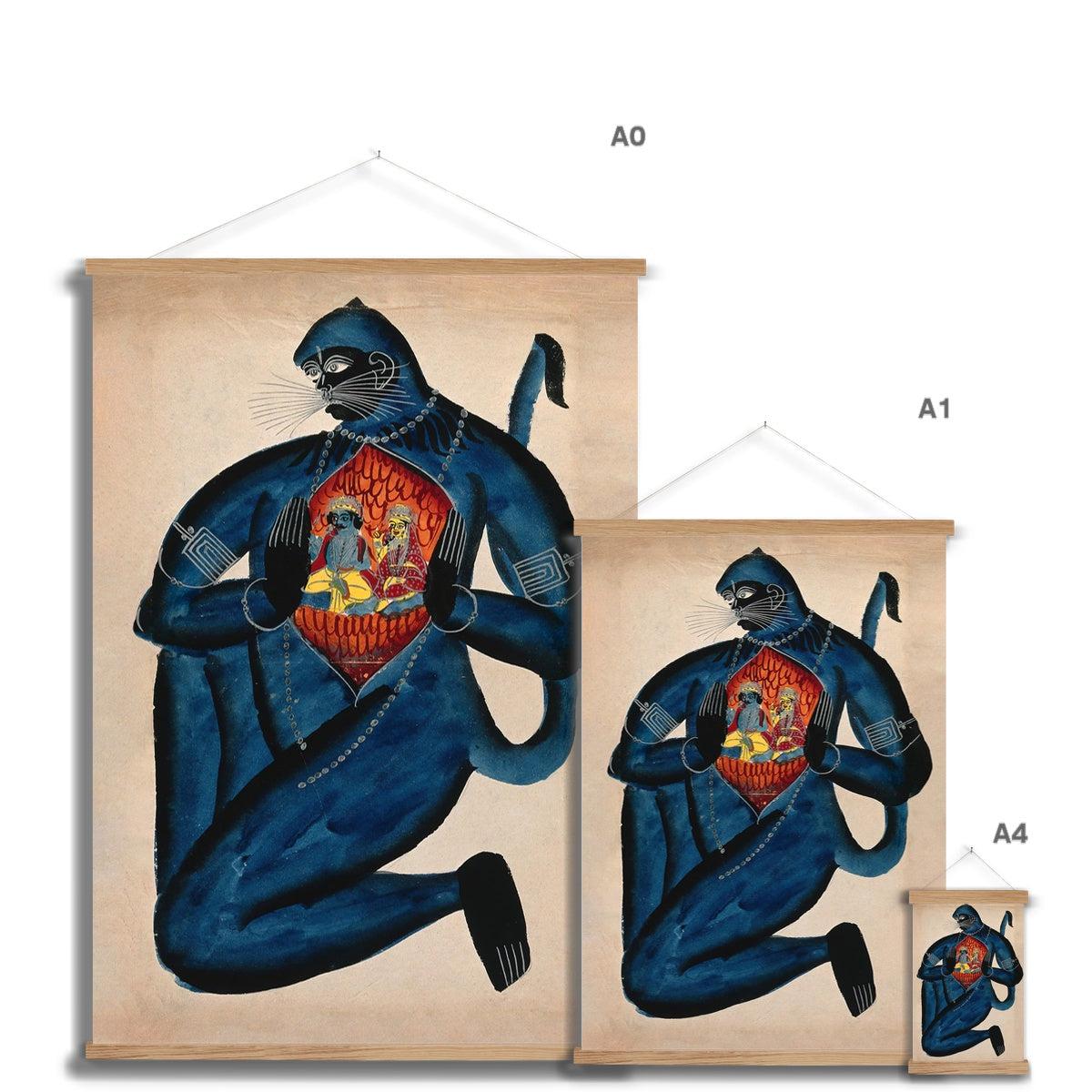 Vintage Hanuman Revealing Rama (Vishnu) and Sita in His Heart Vedic Hindu Folk Art Antique Giclée Fine Art Print with Hanger