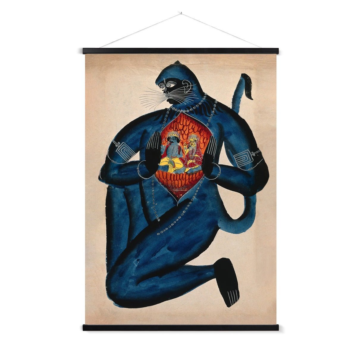 Fine art A4 Portrait / Black Frame Vintage Hanuman Revealing Rama (Vishnu) and Sita in His Heart Vedic Hindu Folk Art Antique Giclée Fine Art Print with Hanger