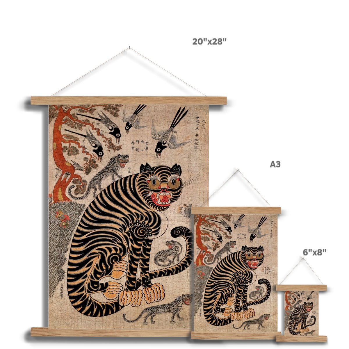 Fine art Vintage Korean Minhwa Tiger and Magpie | Classic Mythology Folklore | Lion Leopard Jungle Boho Decor | Kawaii Fine Art Print with Thangka Hanger
