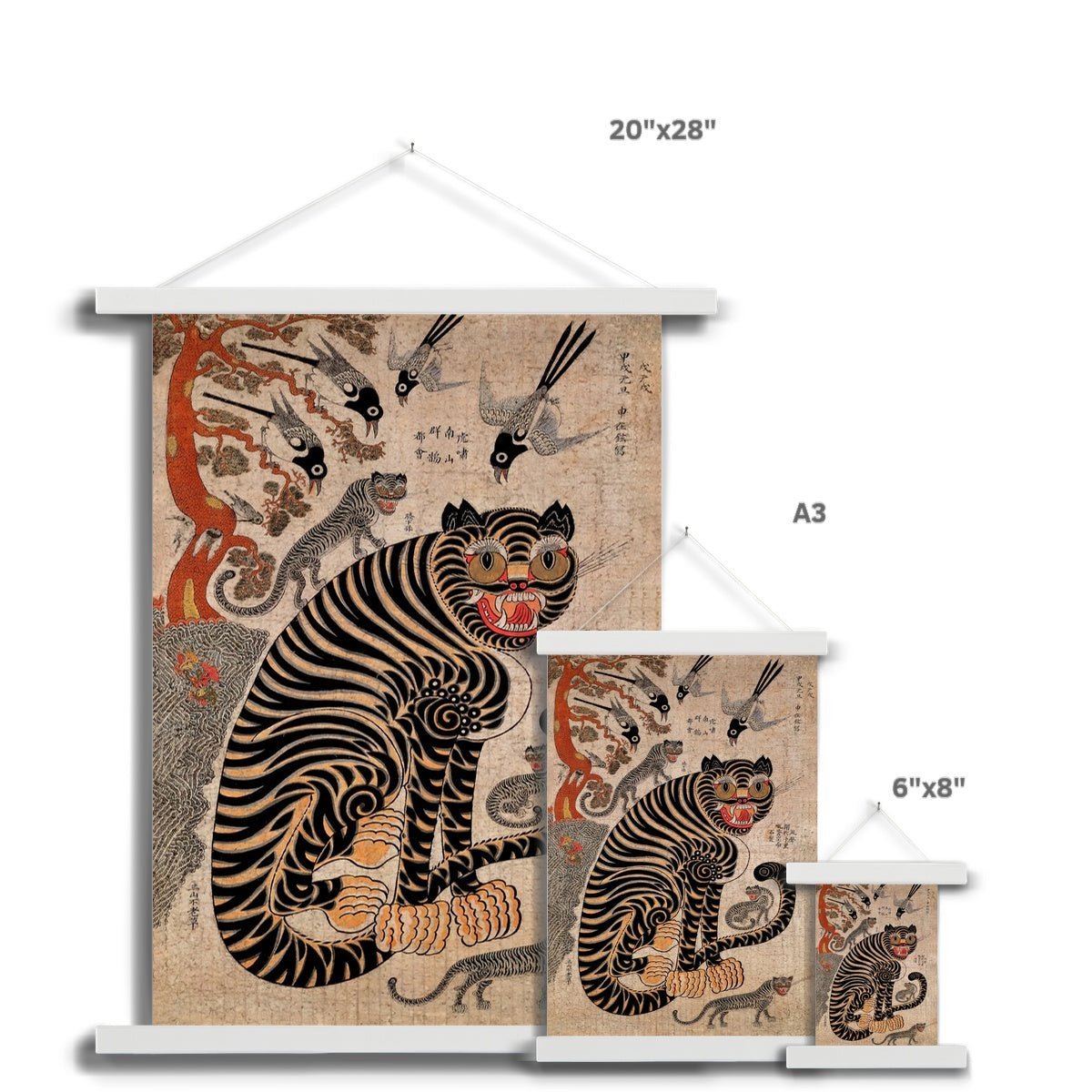 Fine art Vintage Korean Minhwa Tiger and Magpie | Classic Mythology Folklore | Lion Leopard Jungle Boho Decor | Kawaii Fine Art Print with Thangka Hanger