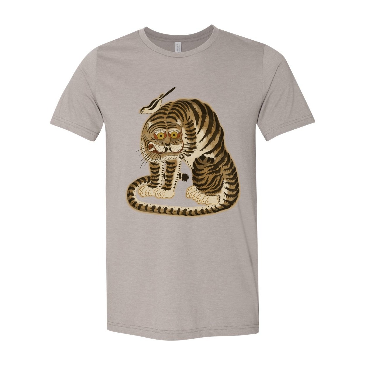 T-Shirts XS / Heather Stone Vintage Korean Minhwa Tiger and Magpie | Cute Kawai Asian Gift for Him | Vintage Folk Art Mythology | Funny Cat Graphic Art T-Shirt..