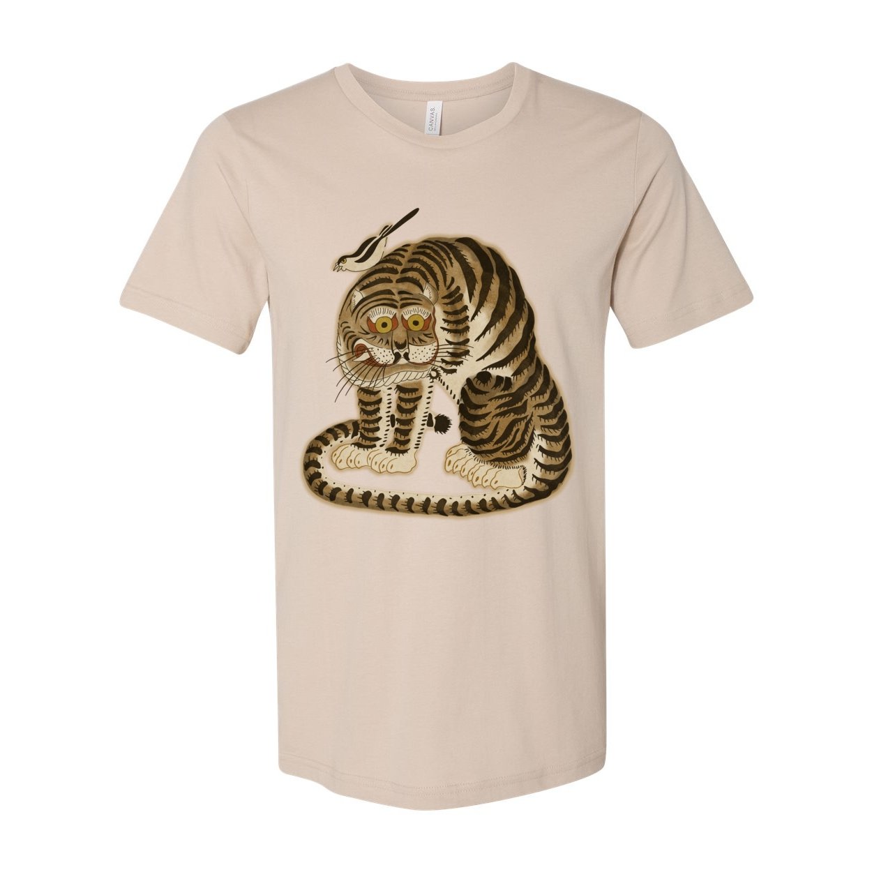 T-Shirts XS / Tan Vintage Korean Minhwa Tiger and Magpie | Cute Kawai Asian Gift for Him | Vintage Folk Art Mythology | Funny Cat Graphic Art T-Shirt..
