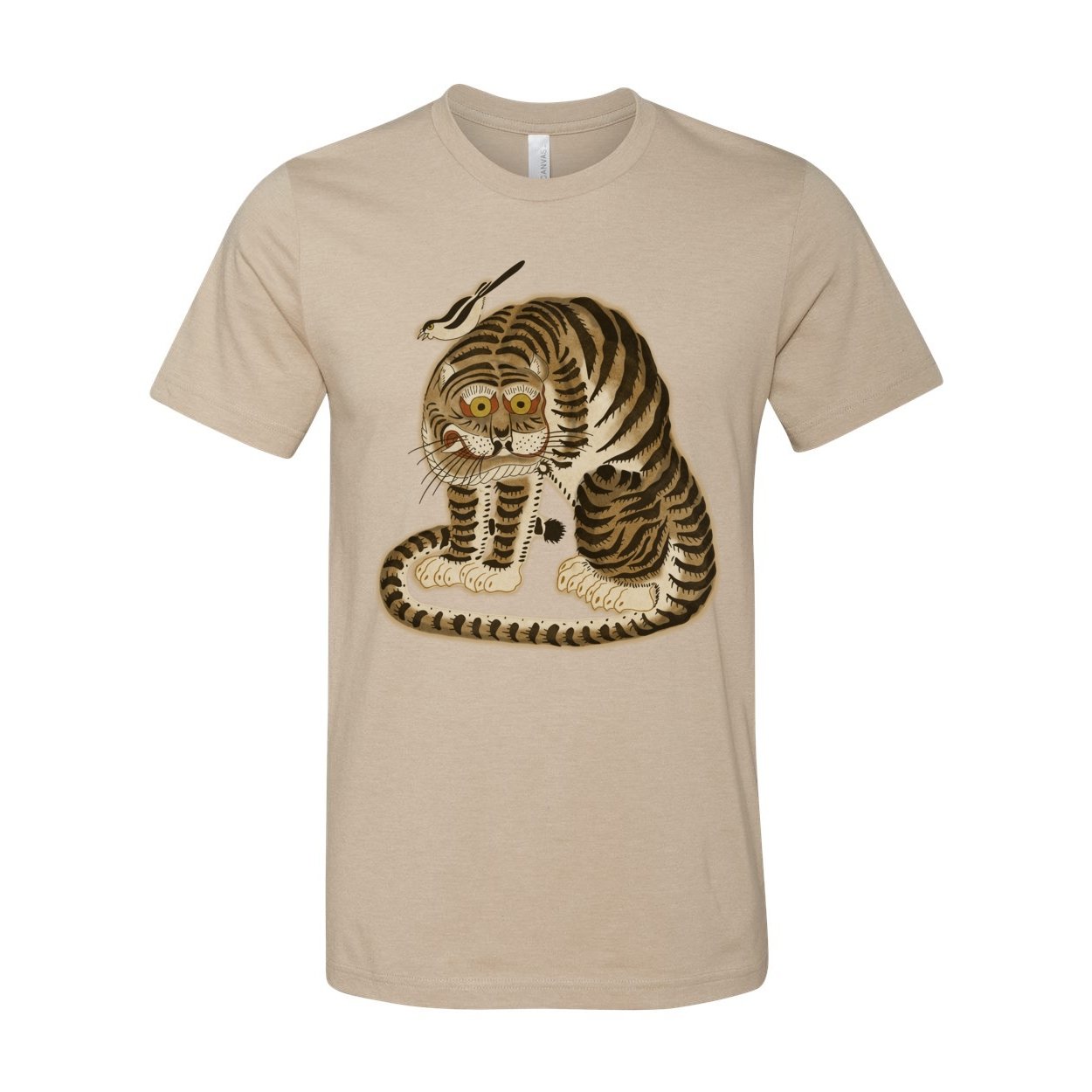T-Shirts XS / Heather Tan Vintage Korean Minhwa Tiger and Magpie | Cute Kawai Asian Gift for Him | Vintage Folk Art Mythology | Funny Cat Graphic Art T-Shirt..