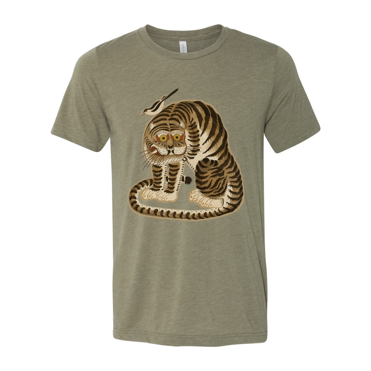T-Shirts XS / Heather Olive Vintage Korean Minhwa Tiger and Magpie | Cute Kawai Asian Gift for Him | Vintage Folk Art Mythology | Funny Cat Graphic Art T-Shirt..