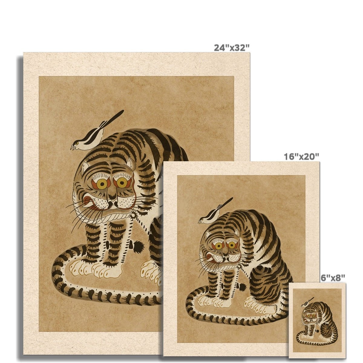 Vintage Korean Minhwa Tiger and Magpie | Kawai Cute Asian Folk Art Mythology | Giclee Fine Art Print
