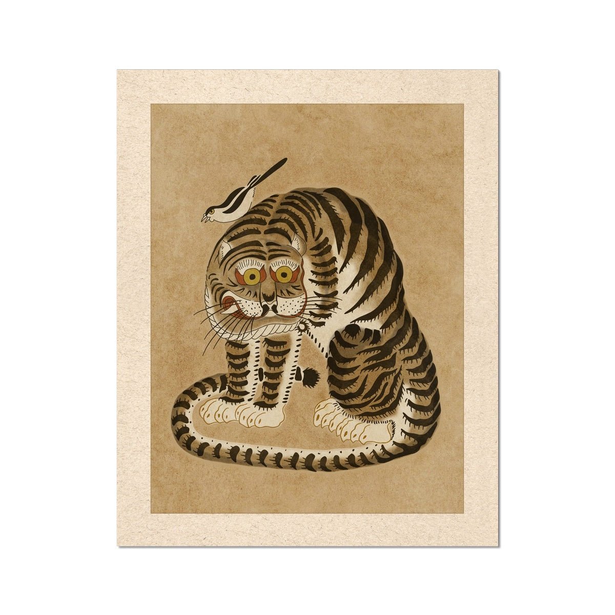 Fine art 6"x8" Vintage Korean Minhwa Tiger and Magpie | Kawai Cute Asian Folk Art Mythology | Giclee Fine Art Print