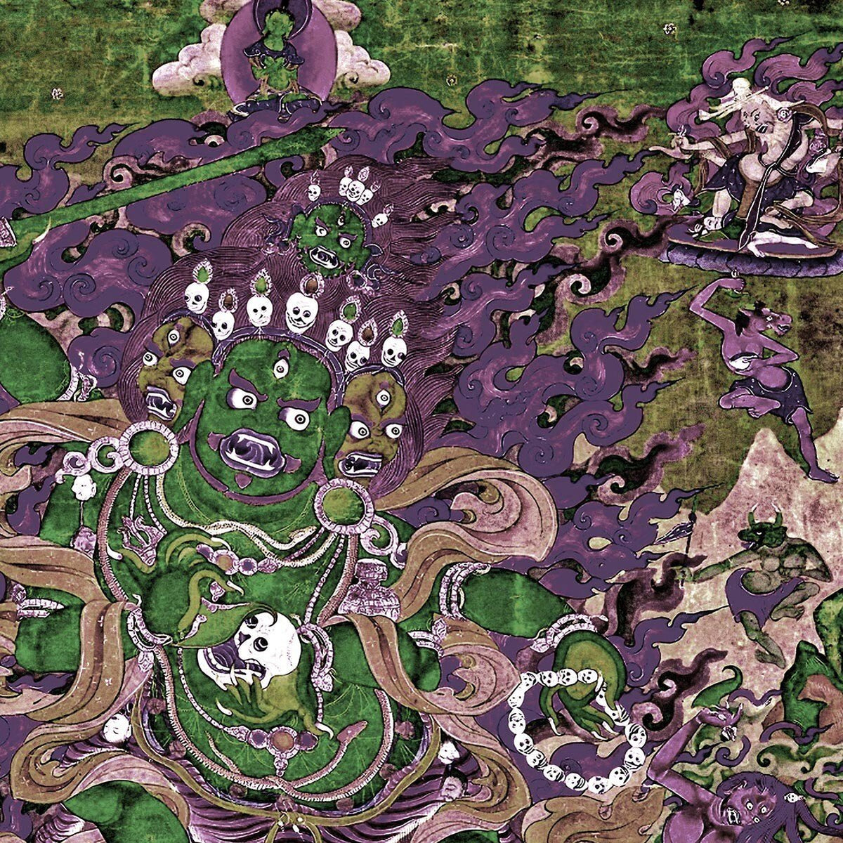 Violet and Emerald Mahakala Remix Tibetan Tantra Thangka Vajrayana Buddhist Wrathful Deity Antique Vintage Art T-Shirt Tee