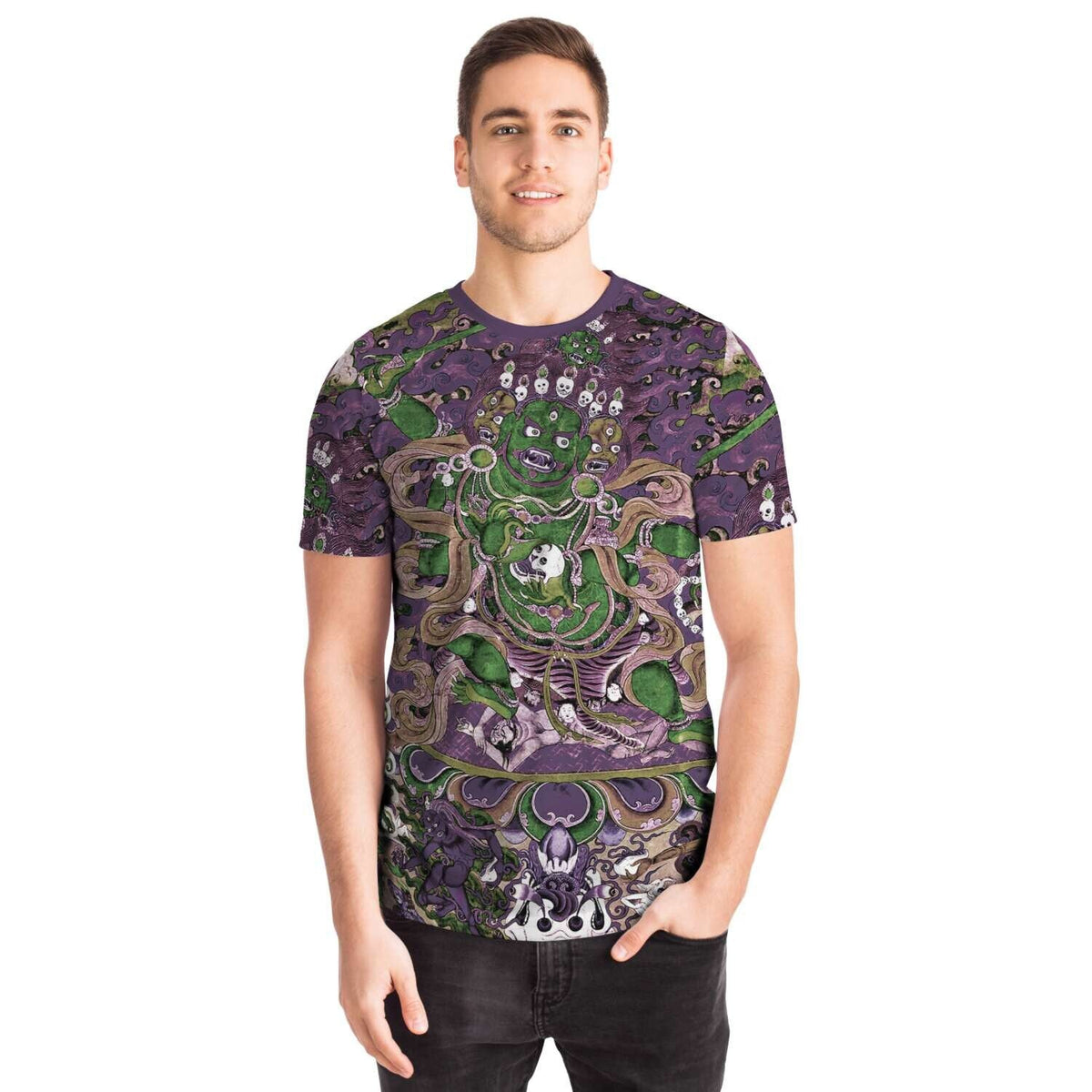 Violet and Emerald Mahakala Remix Tibetan Tantra Thangka Vajrayana Buddhist Wrathful Deity Antique Vintage Art T-Shirt Tee