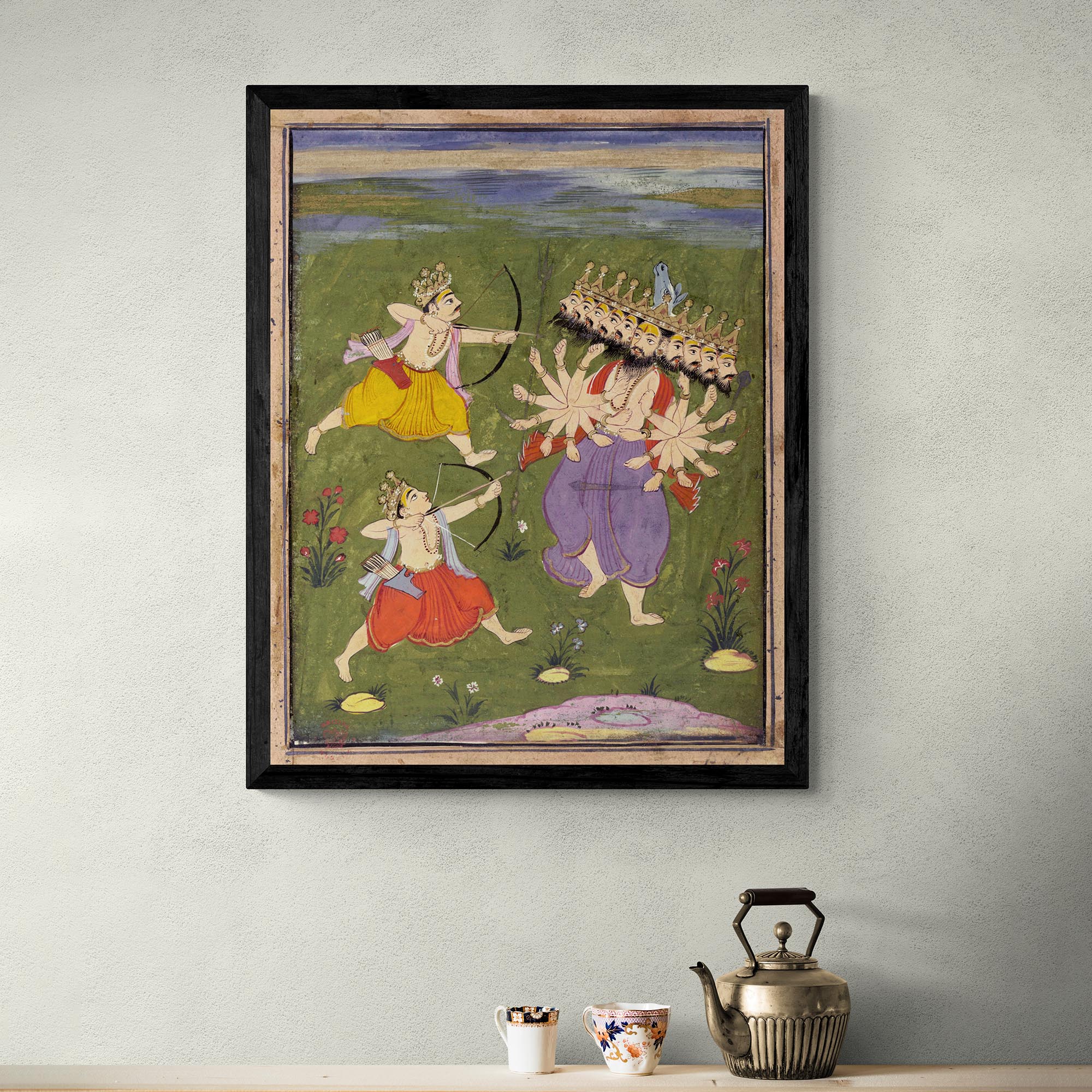 Fine art Vishnu as Rama w/ Laksmana Killing Ravana the Demon | Ramayana Epic Hindu Mythology | Indian Vintage Hanuman Folklore Fine Art Print