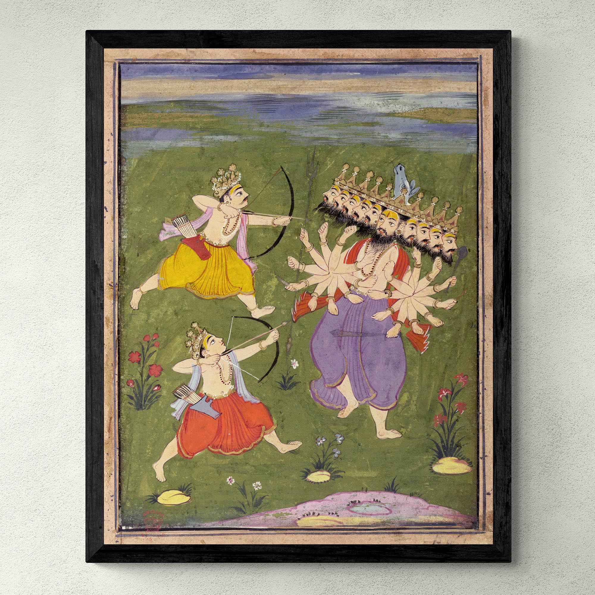 Fine art Vishnu as Rama w/ Laksmana Killing Ravana the Demon | Ramayana Epic Hindu Mythology | Indian Vintage Hanuman Folklore Fine Art Print