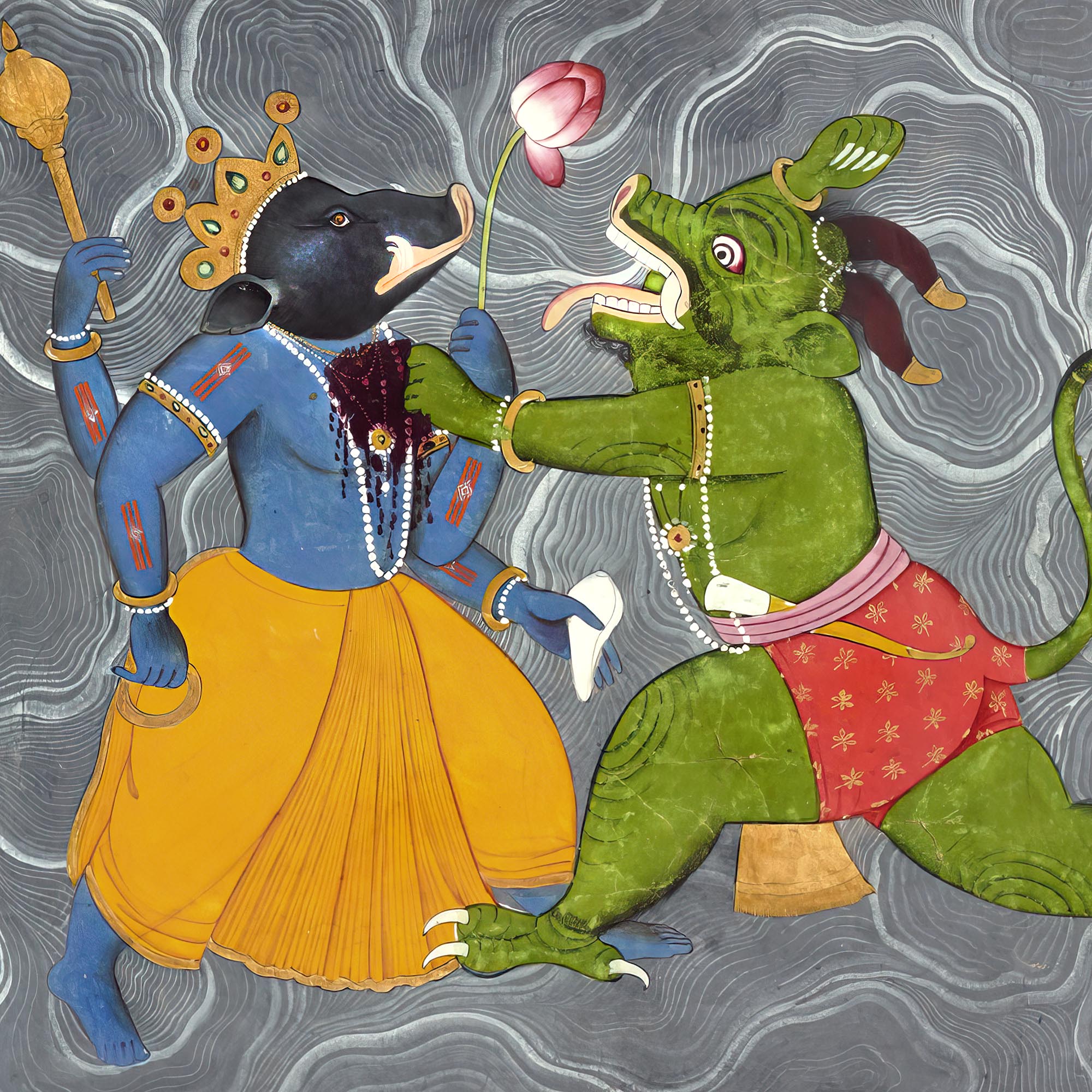 Fine art Vishnu as Varaha Fighting Hiranyaksha | Devotional Bhakti Indian Hindu Mythology | 19th Century Asian Folklore Vintage Fine Art Print