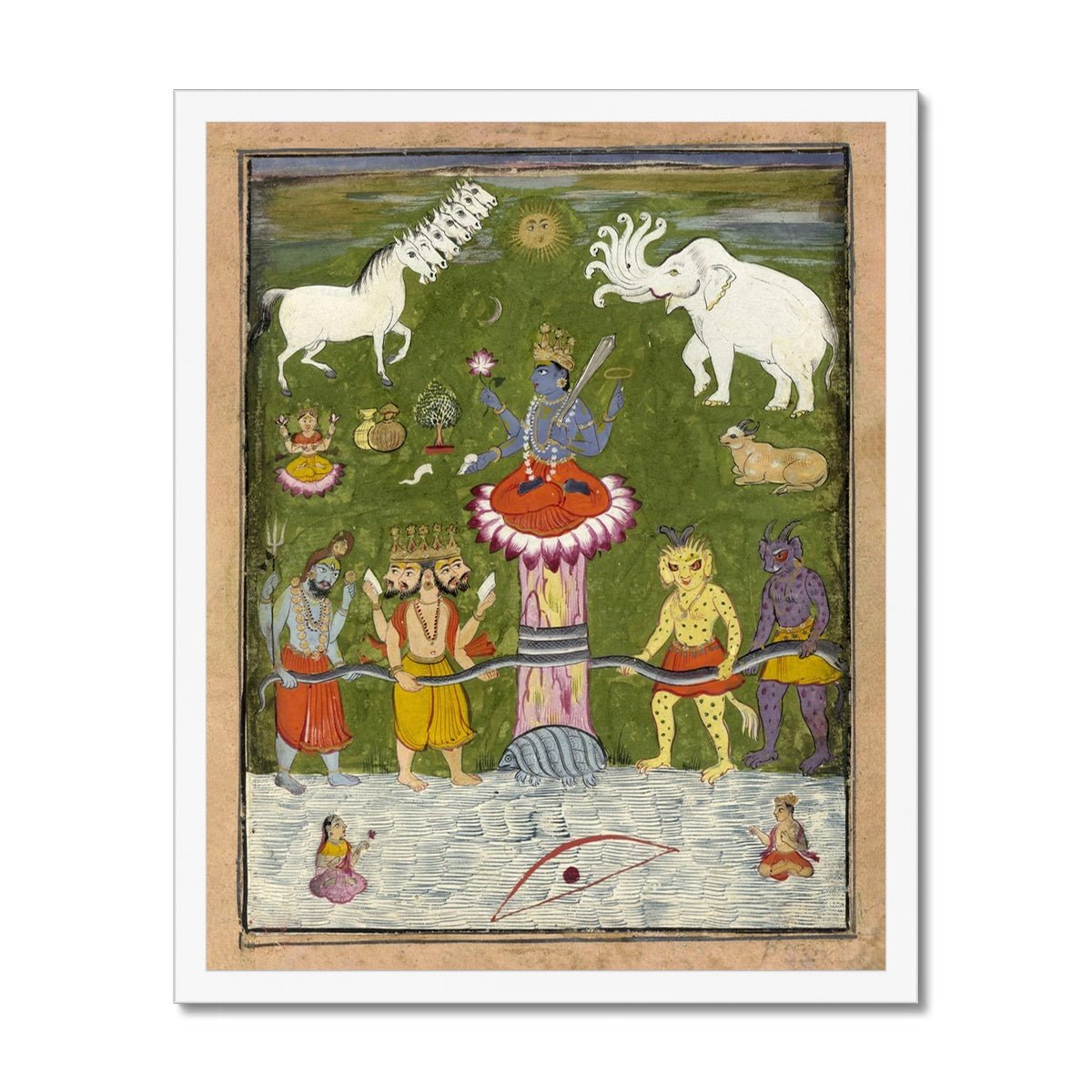 Vishnu Churning of the Ocean of Immortality | Devas and Asuras, Mount Mandara | Divine Hindu Mythology | Superb Framed Art Print