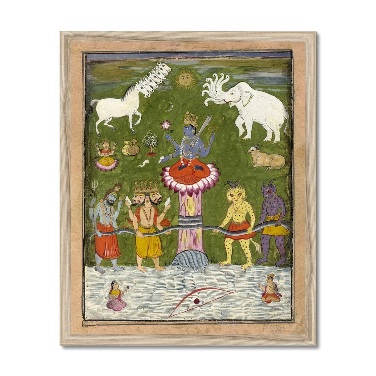 Vishnu Churning of the Ocean of Immortality | Devas and Asuras, Mount Mandara | Divine Hindu Mythology | Superb Framed Art Print