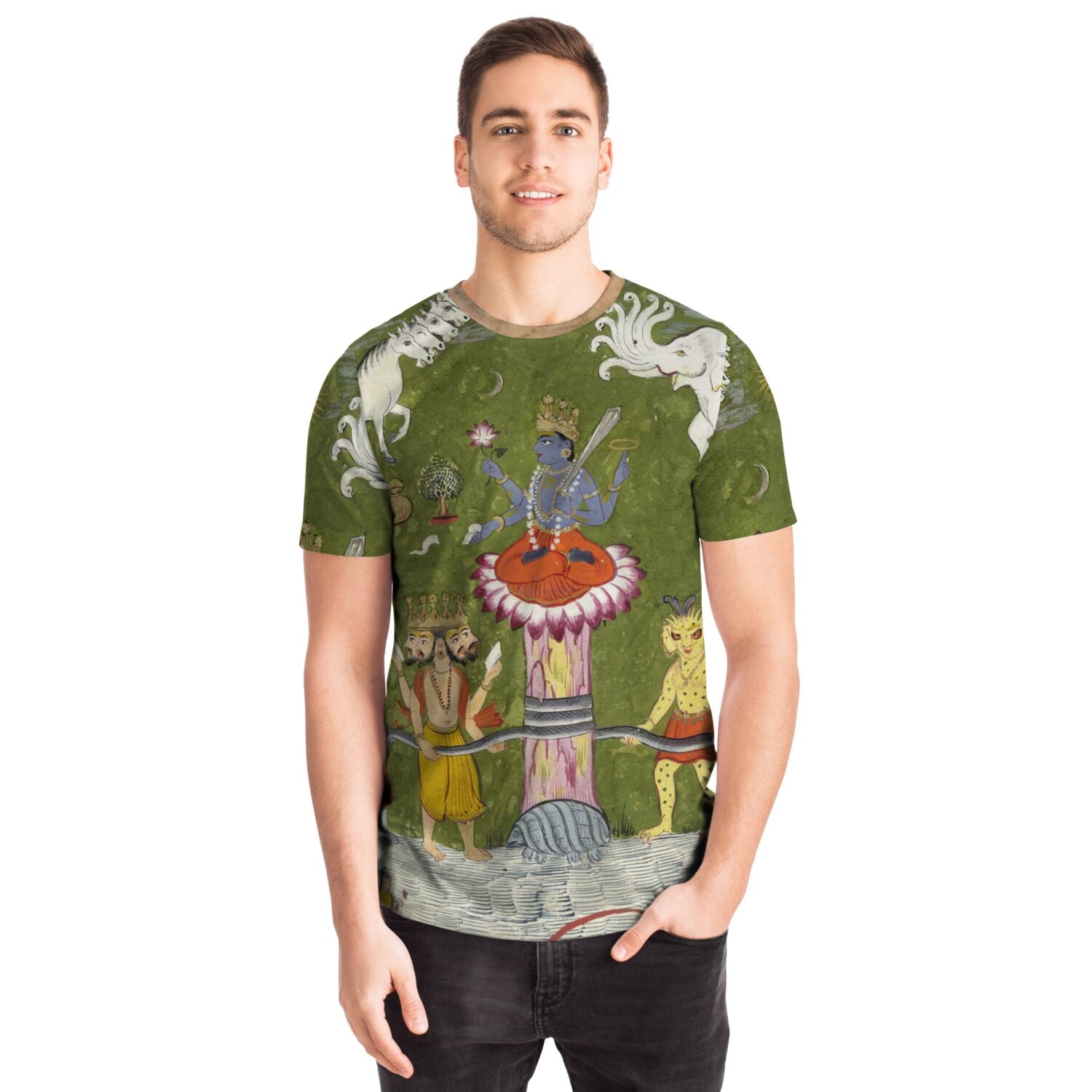 T-shirt Vishnu Consumes the Poison Halahala as His Tortoise Avatar Kurma and Saves the World | Sacred Vintage Indian Graphic Art T-Shirt