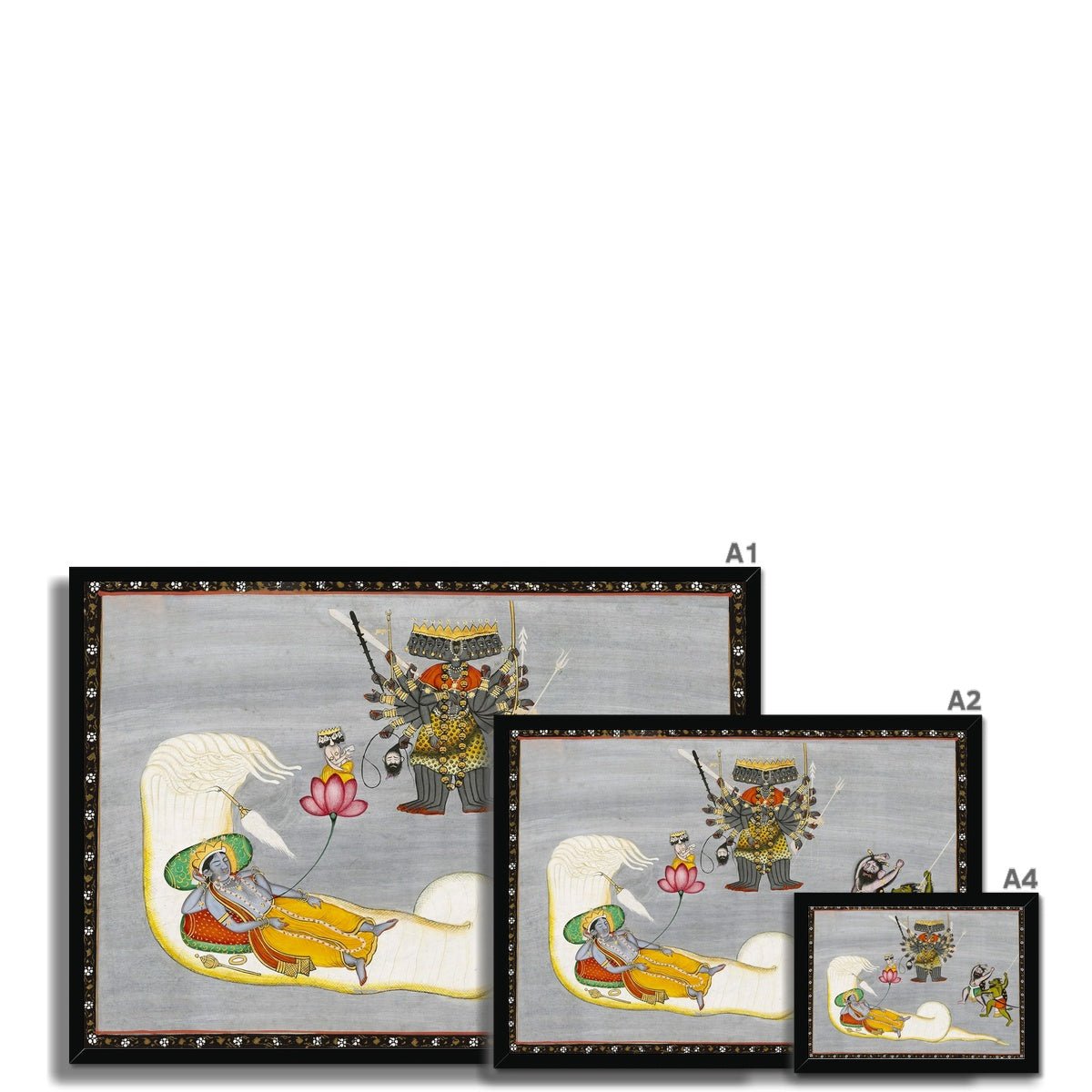 Vishnu with Demons and Naga, Antique Indian Hindu Folk Art, 19th Century Traditional Vedic Framed Art Print
