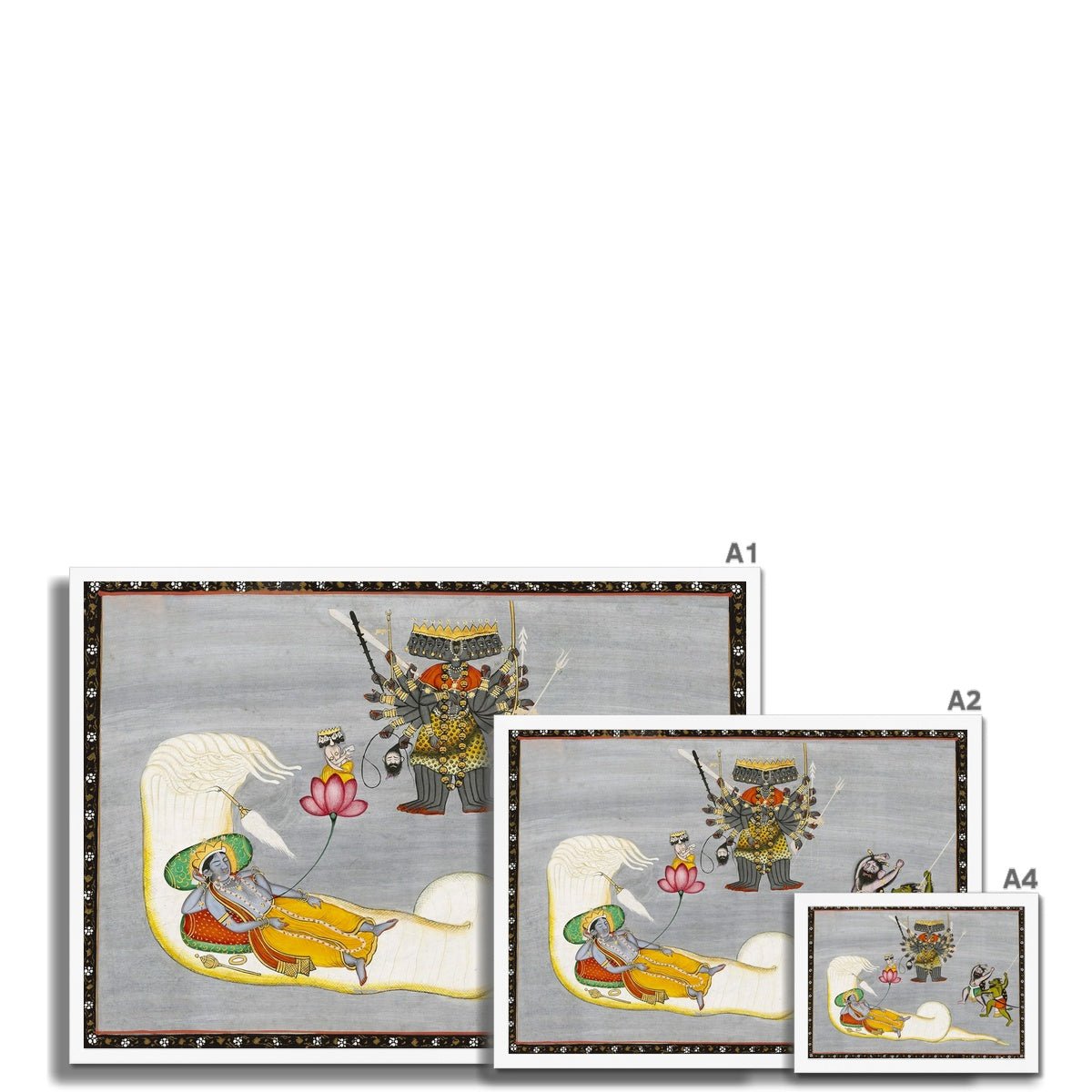 Vishnu with Demons and Naga, Antique Indian Hindu Folk Art, 19th Century Traditional Vedic Framed Art Print