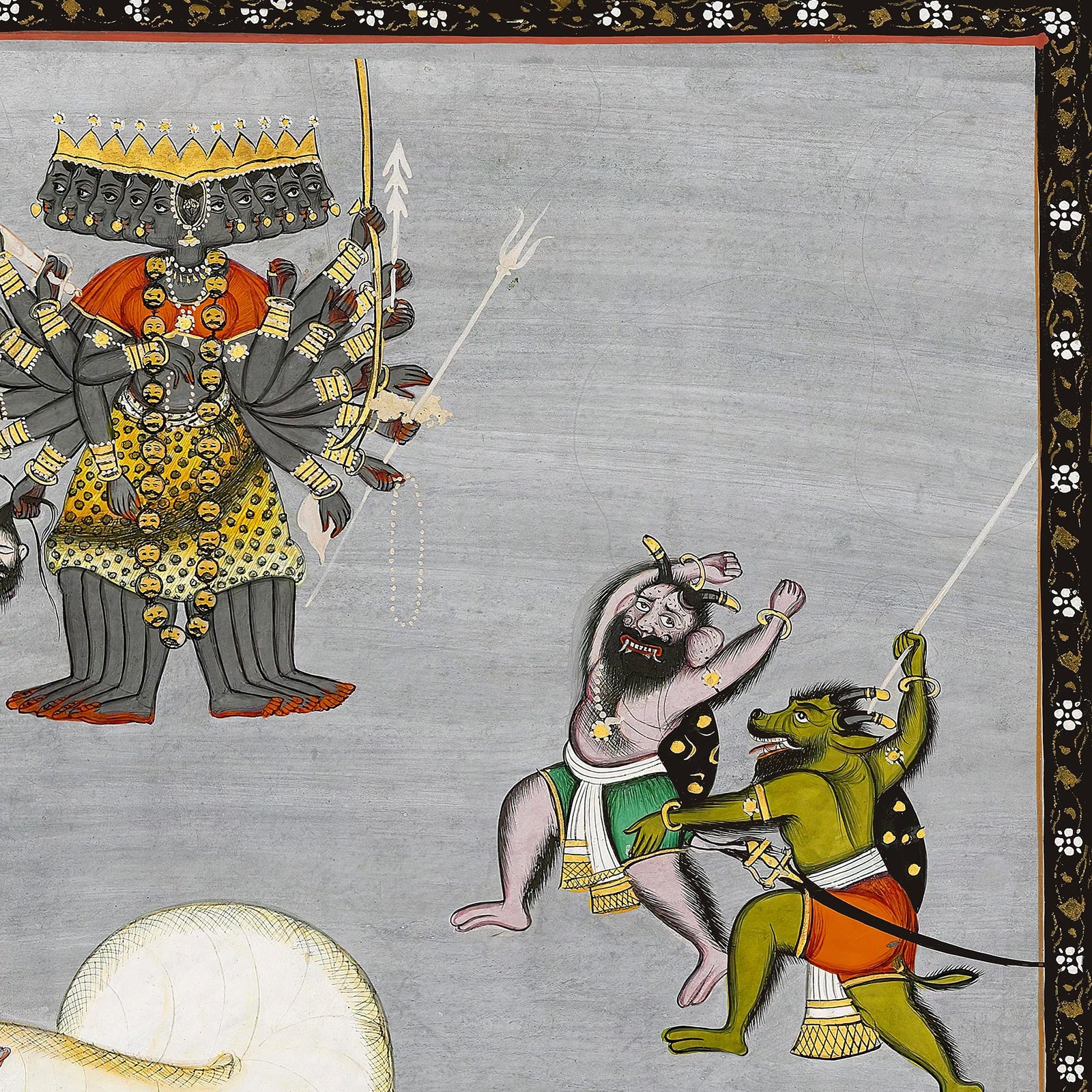 Vishnu with Demons and Naga, Antique Indian Hindu Folk Art, 19th Century Traditional Vedic Framed Art Print