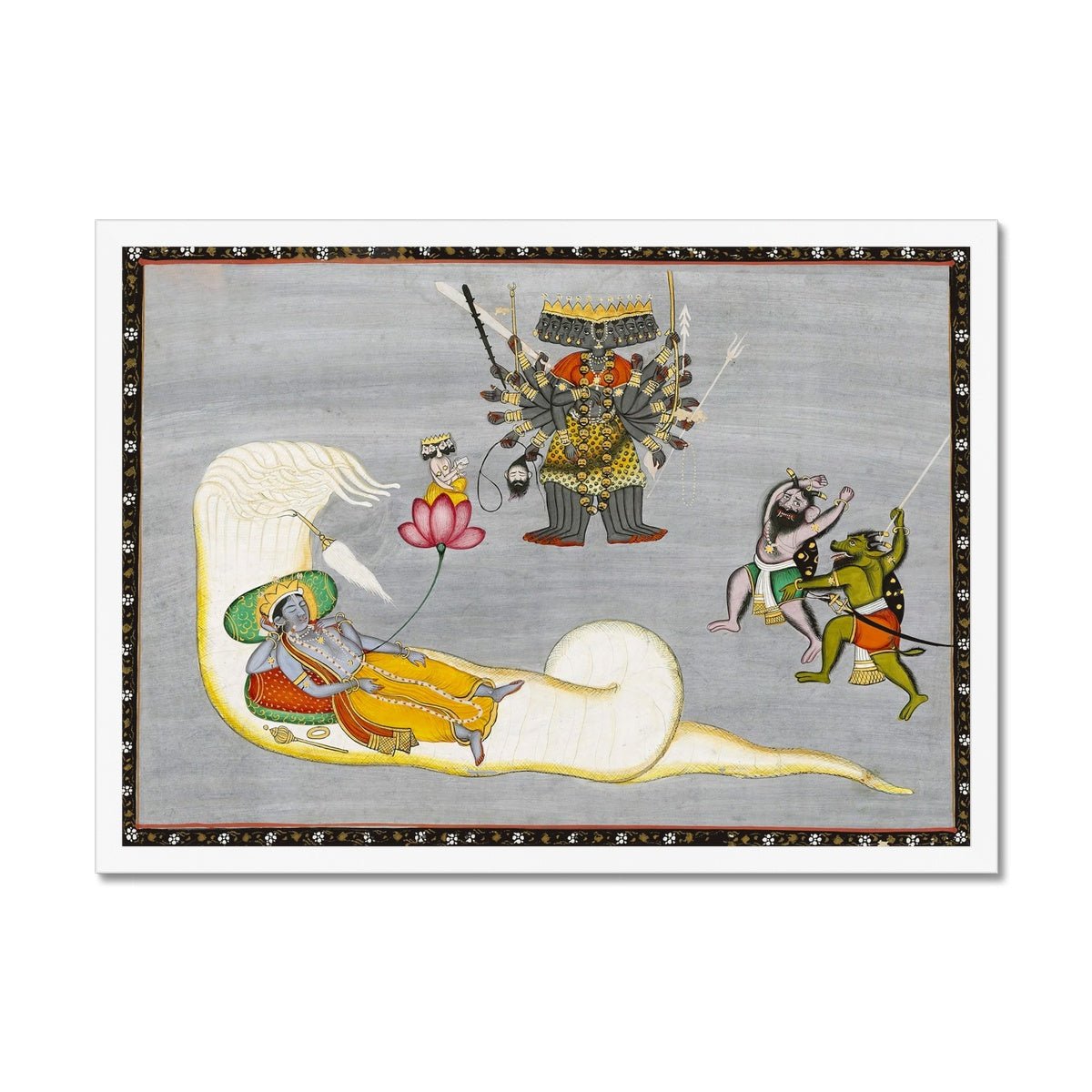 Vishnu with Demons and Naga, Antique Indian Hindu Folk Art, 19th Century Traditional Vedic Framed Art Print