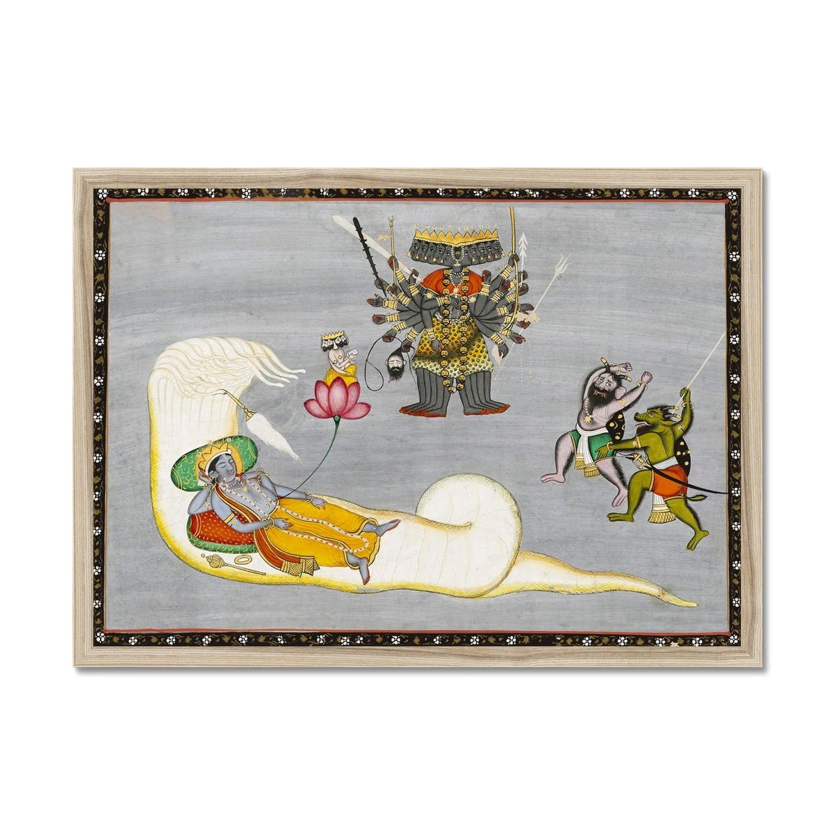 Vishnu with Demons and Naga, Antique Indian Hindu Folk Art, 19th Century Traditional Vedic Framed Art Print