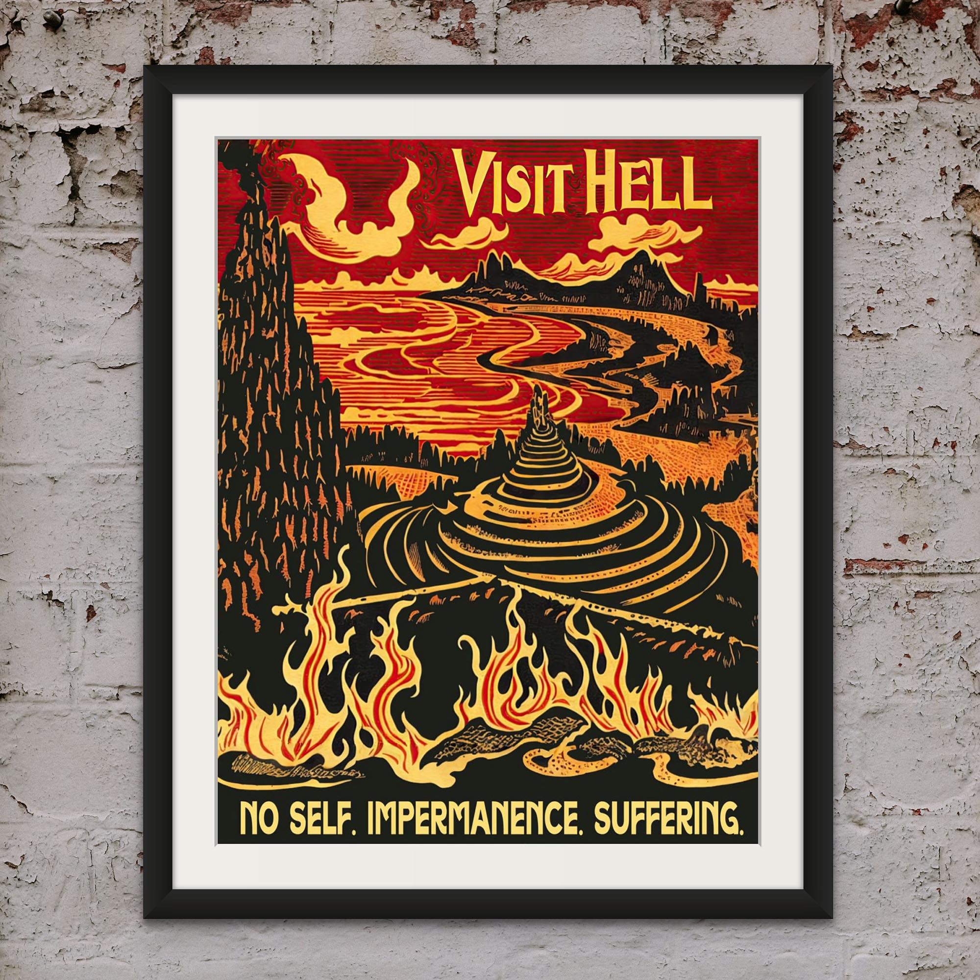 Fine art "Visit Hell" Vintage Travel Poster | No Self, Impermanence, Suffering | Buddhist Cosmology, Samsara, Karma Fine Art Print