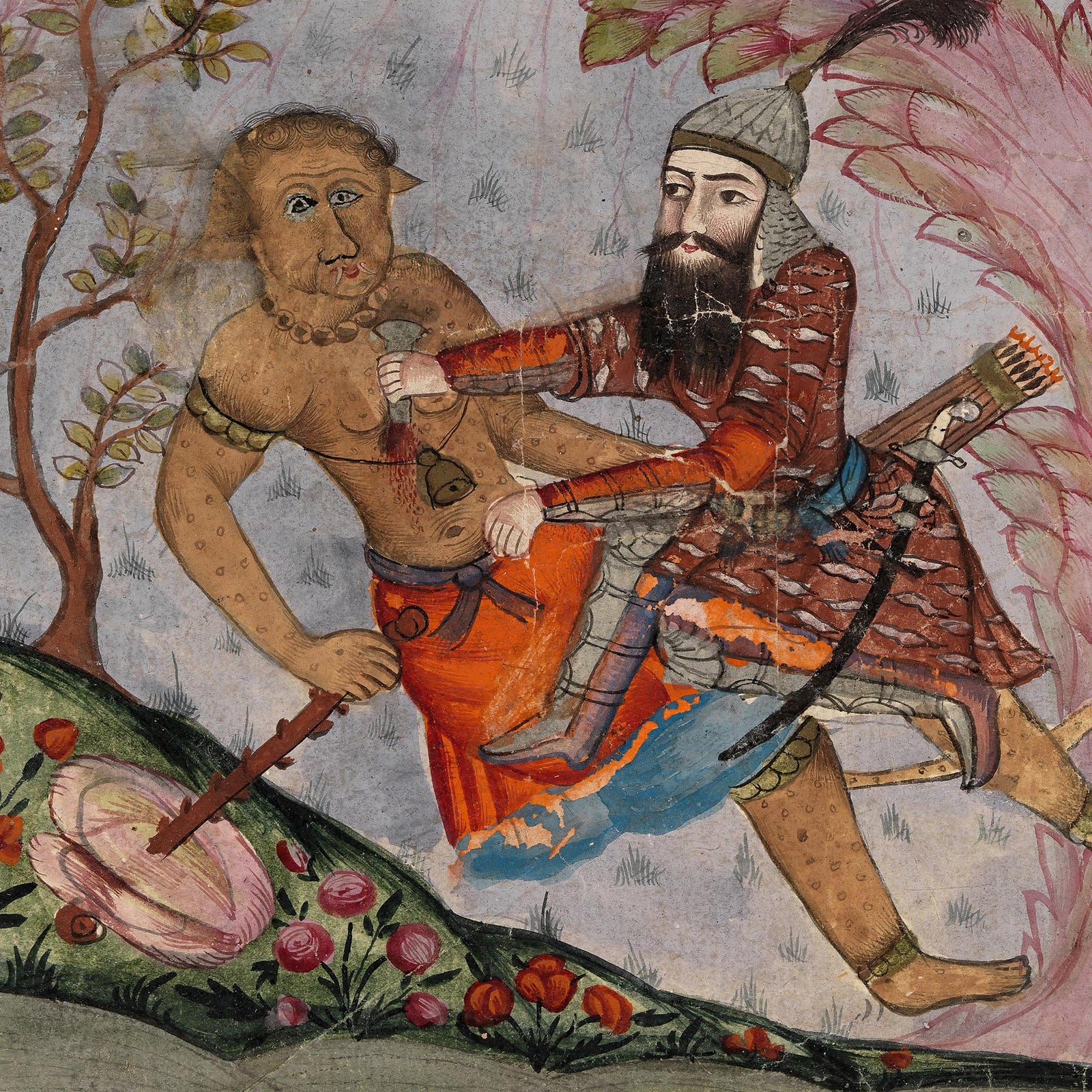 Watercolor Rustam's Seventh Labor | Ancient Persian Illuminated Codex Manuscript | Mythical Folklore Dragon Lion Vintage Framed Art Print