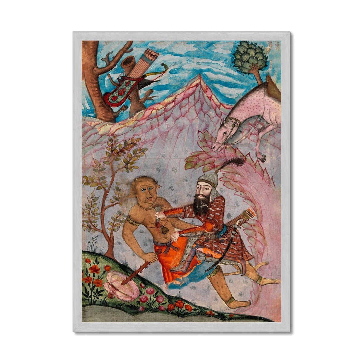 Watercolor Rustam's Seventh Labor | Ancient Persian Illuminated Codex Manuscript | Mythical Folklore Dragon Lion Vintage Framed Art Print