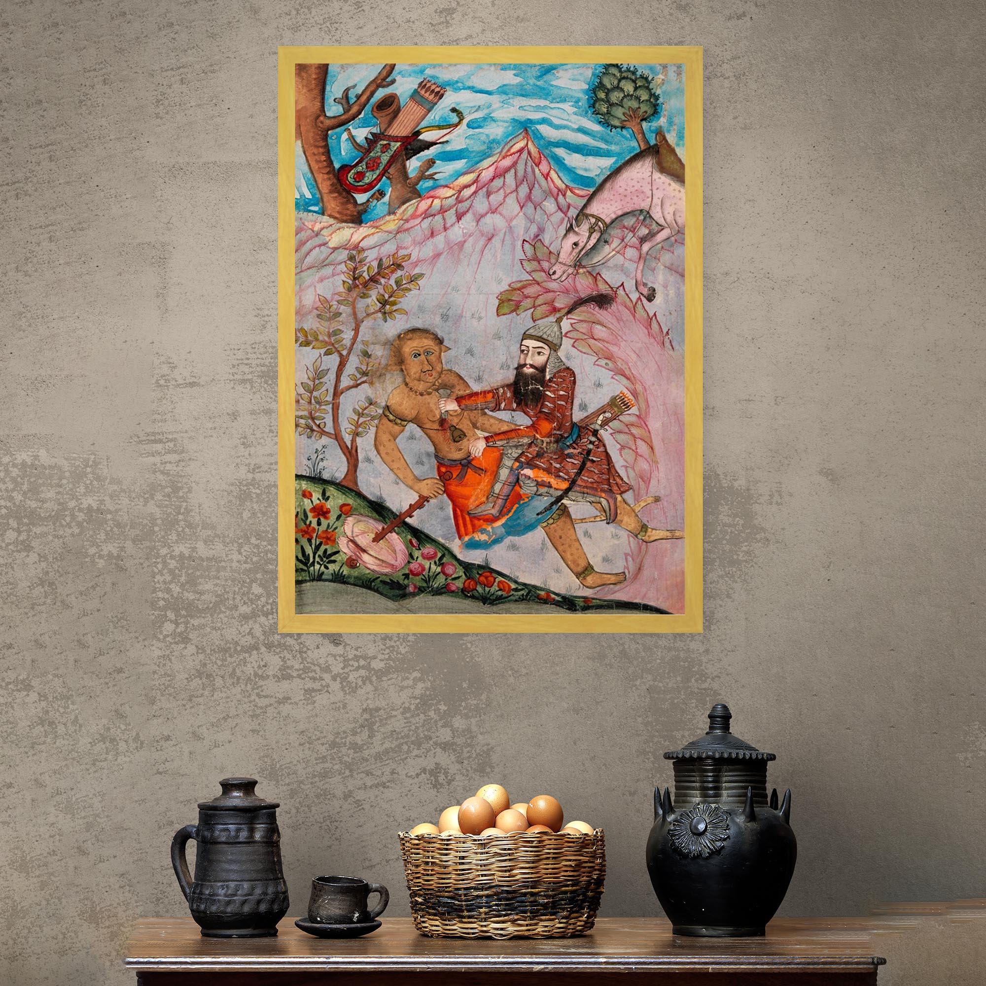 Watercolor Rustam's Seventh Labor | Ancient Persian Illuminated Codex Manuscript | Mythical Folklore Dragon Lion Vintage Framed Art Print