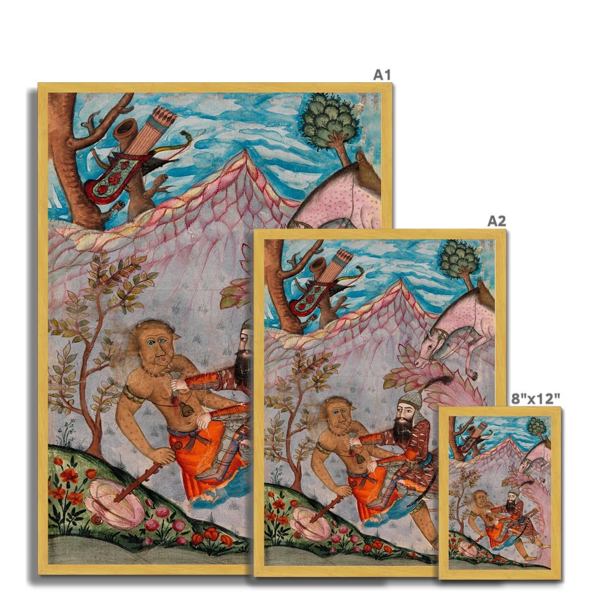 Watercolor Rustam's Seventh Labor | Ancient Persian Illuminated Codex Manuscript | Mythical Folklore Dragon Lion Vintage Framed Art Print