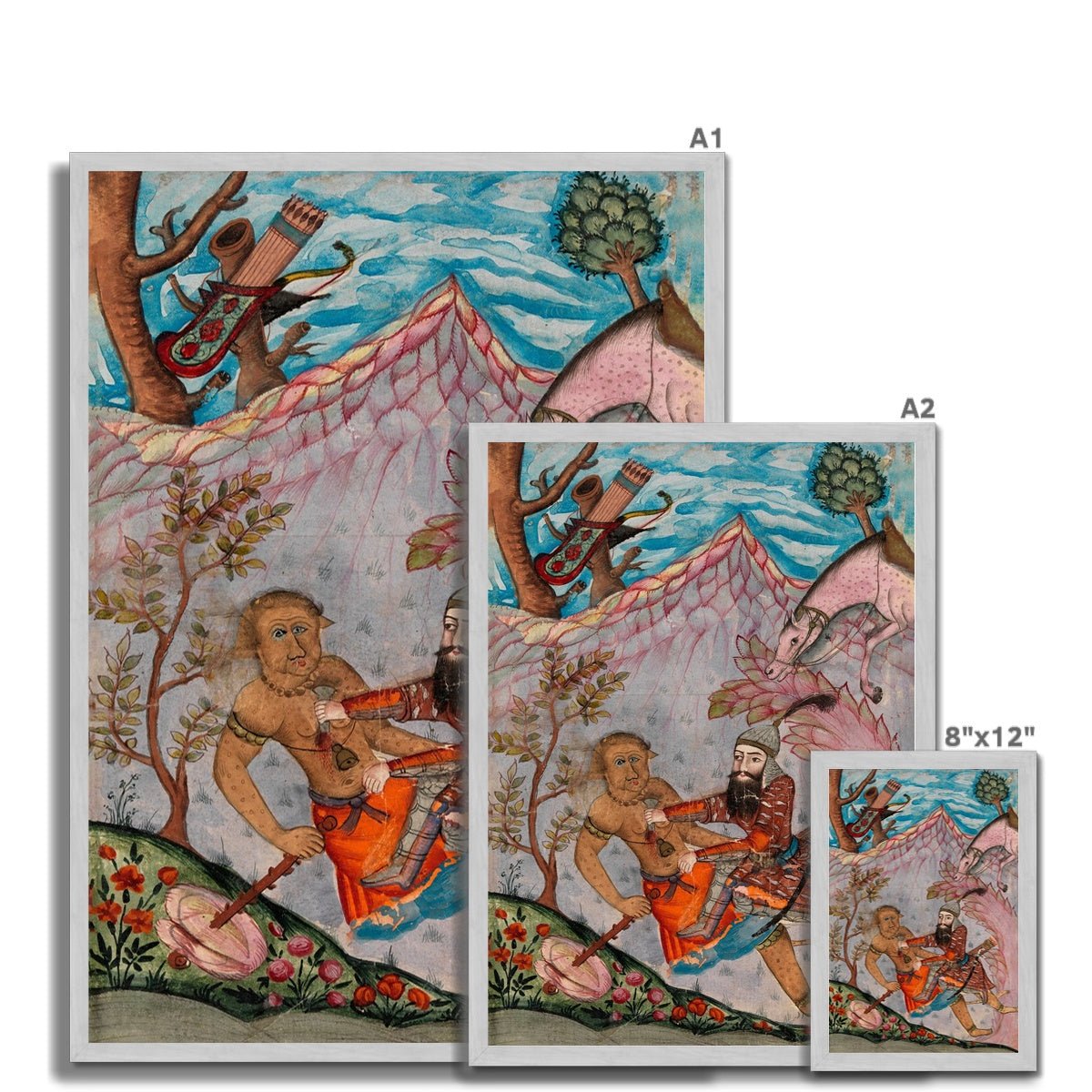 Watercolor Rustam's Seventh Labor | Ancient Persian Illuminated Codex Manuscript | Mythical Folklore Dragon Lion Vintage Framed Art Print